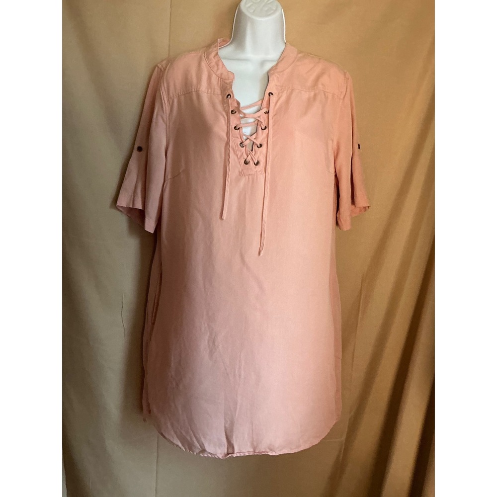 Philosophy Tunic Top Womens Large Peach Excellent Lace Up Roll Tab Tencel Blouse